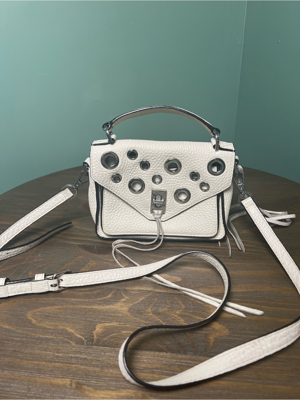 Rebecca Minkoff Mini Darren Messenger Bag Metal Grommet Cutout Leather White